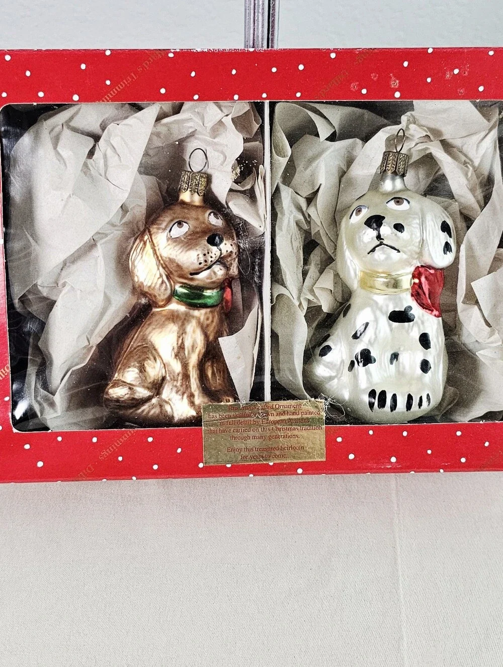 Vintage Hand Blown Glass Dog Ornament Set Dalmatian Spaniel Boxed Christmas